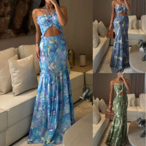 Halterneck Printed Pleated Dress Loose
