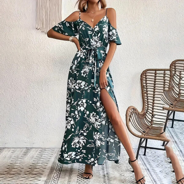 Women's Floral Maxi Dress Cold Shoulder Split Belted A Line Long Summer Dress - Image 10
