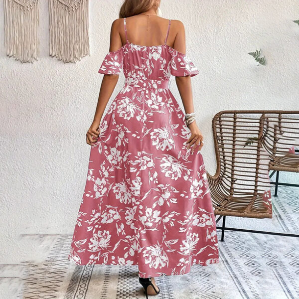 Women's Floral Maxi Dress Cold Shoulder Split Belted A Line Long Summer Dress - Image 6
