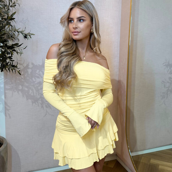 European And American Solid Color Off-neck Pleated Ruffled Long Sleeve Sexy Jumpsuit Skirt - Image 4