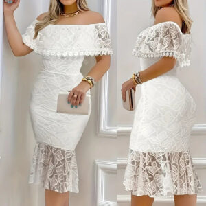 Women's Elegant Floral Lace Off The Shoulder Dress Scallop Trim Party Wedding Guest Bodycon Dress