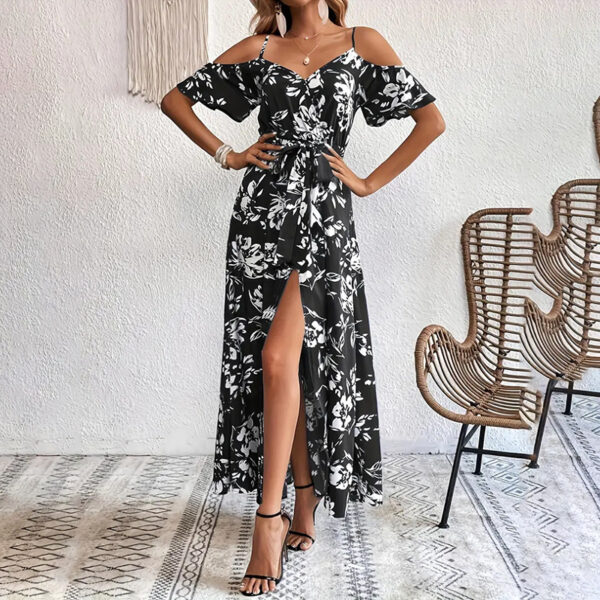 Women's Floral Maxi Dress Cold Shoulder Split Belted A Line Long Summer Dress - Image 9