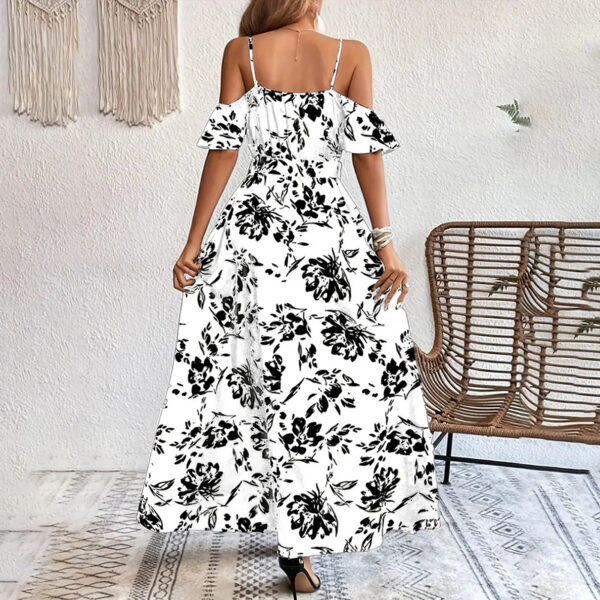 Women's Floral Maxi Dress Cold Shoulder Split Belted A Line Long Summer Dress - Image 8