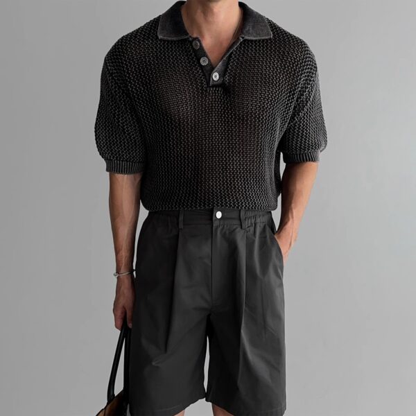 Honeycomb Hollow Knitted Short-sleeved Polo Shirt - Image 3