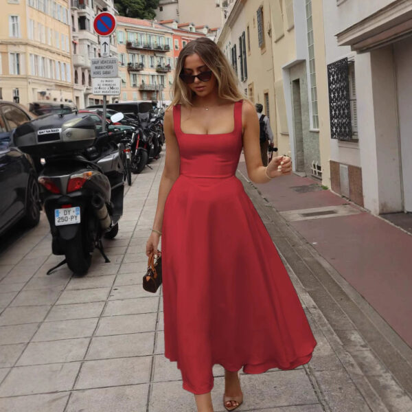 Square-neck Sleeveless Waist Trimming Sling Dress - Image 9