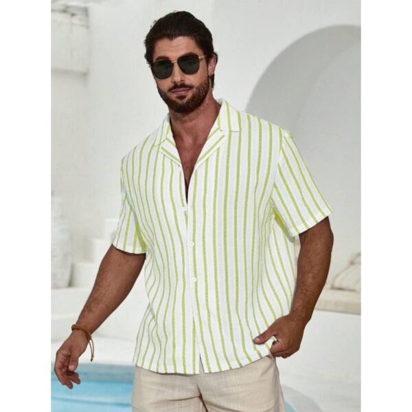 Geometric Contrast Color Striped 3D Digital Printing Short Sleeve Shirt - Image 3