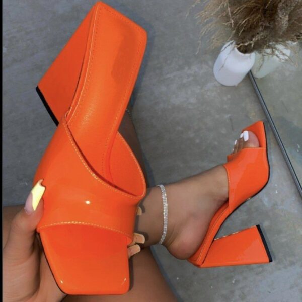 Women's Solid Color Square Toe Triangle Heel Thick High Heel Slippers - Image 4