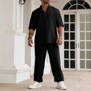 Men's Commuter Cotton And Linen Casual Button Short-sleeved Trousers
