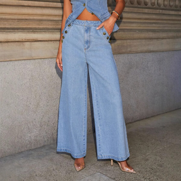 Denim Vest Suits Fashion Sleeveless Button Tops And Wide Leg Straight Pants With Pockets Women's Trousers Set - Image 4