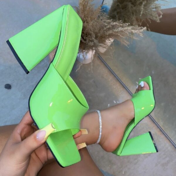 Women's Solid Color Square Toe Triangle Heel Thick High Heel Slippers - Image 3