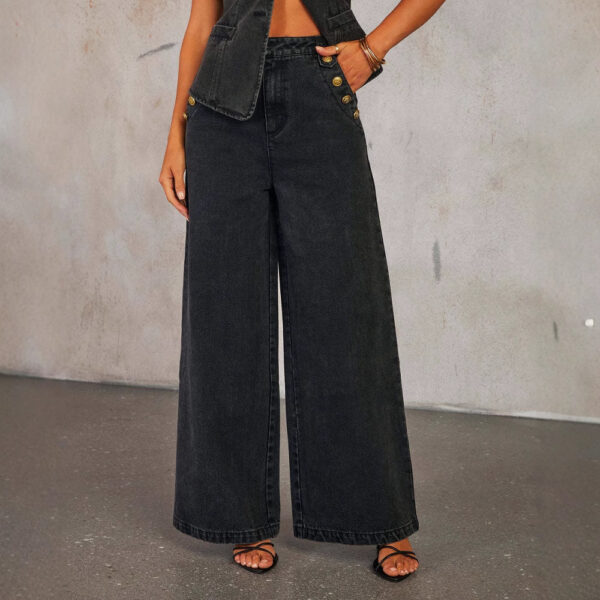 Denim Vest Suits Fashion Sleeveless Button Tops And Wide Leg Straight Pants With Pockets Women's Trousers Set - Image 3
