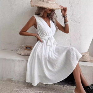 Solid Color Belt V-neck Double Layer Dress Women