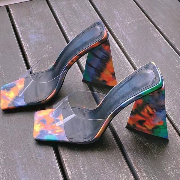 Women's Solid Color Square Toe Triangle Heel Thick High Heel Slippers - Image 2