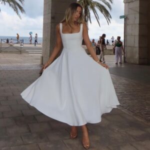 Square-neck Sleeveless Waist Trimming Sling Dress