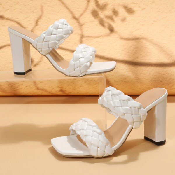 Square Toe Flip-flops Chunky Heel Woven Twisted Slippers - Image 5