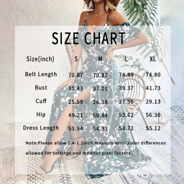 Women's Floral Maxi Dress Cold Shoulder Split Belted A Line Long Summer Dress - Image 3