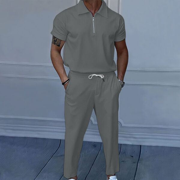 Men's Clothing Solid Color Polo Collar Short Sleeve Trousers Suit - Image 5