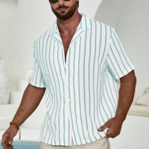 Geometric Contrast Color Striped 3D Digital Printing Short Sleeve Shirt