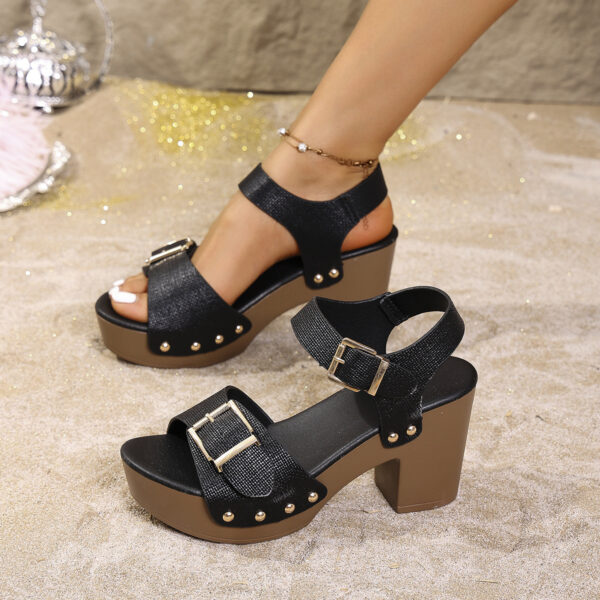 Plus Size Thick High Heel Sandals With Buckle Rivet Buckle Sandals - Image 3