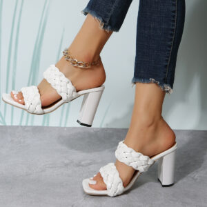 Square Toe Flip-flops Chunky Heel Woven Twisted Slippers