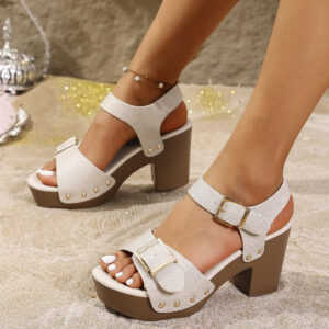 Plus Size Thick High Heel Sandals With Buckle Rivet Buckle Sandals
