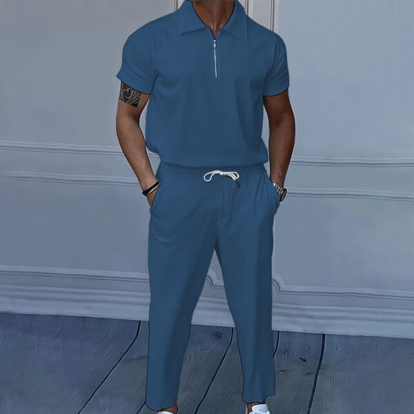 Men's Clothing Solid Color Polo Collar Short Sleeve Trousers Suit - Image 2